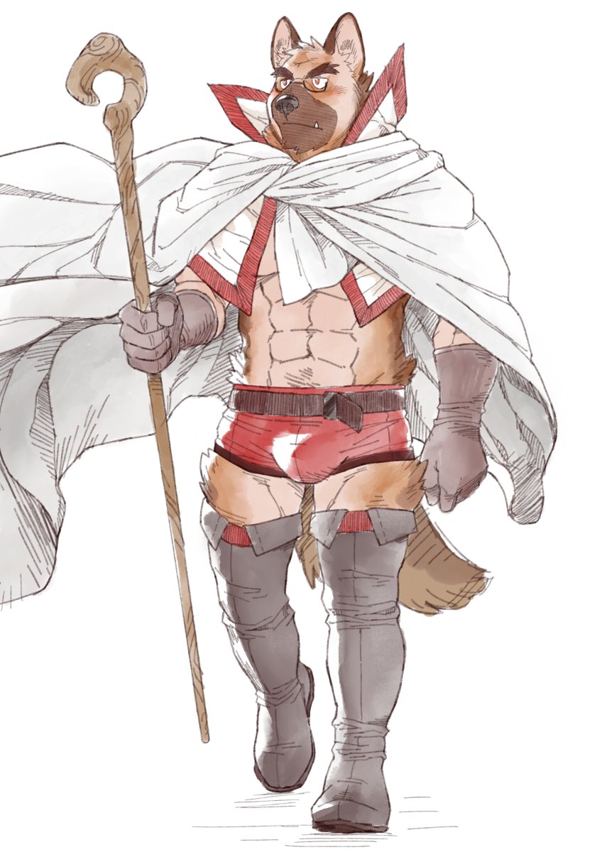 anthro barazoku brown_body brown_fur bulge cape clothing eyewear fur glasses humanoid_hands kemono magic_user male muscular muscular_anthro muscular_male simple_background solo underwear white_background ryuta-h canid canine canis domestic_dog mammal 2021 hi_res