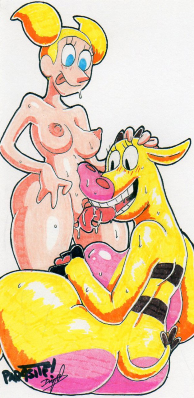 anthro big_butt blush blush_lines bodily_fluids butt cunnilingus duo female female/female genitals glistening glistening_body hand_on_head oral sex sweat sweatdrop sweaty_genitalia teeth tongue tongue_out vaginal parasitedeath cartoon_network cow_and_chicken dexter's_laboratory cow_(cow_and_chicken) dee_dee human mammal 2019 hi_res traditional_media_(artwork)