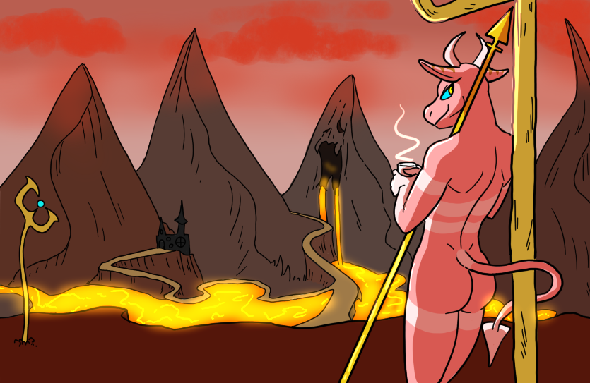 anthro blue_sclera butt castle container cup detailed_background hell horn humanoid_pointy_ears landscape lava lavafall looking_at_viewer looking_back male markings melee_weapon mountain nude nude_anthro nude_male outdoor_nudity outside pink_body pink_skin pointed_tail pointy_ears polearm sky smile solo spade_tail spear steaming tail weapon yellow_eyes 60percentscalie mythology evelan_(60percentscalie) demon mythological_creature mythological_scalie scalie digital_media_(artwork)