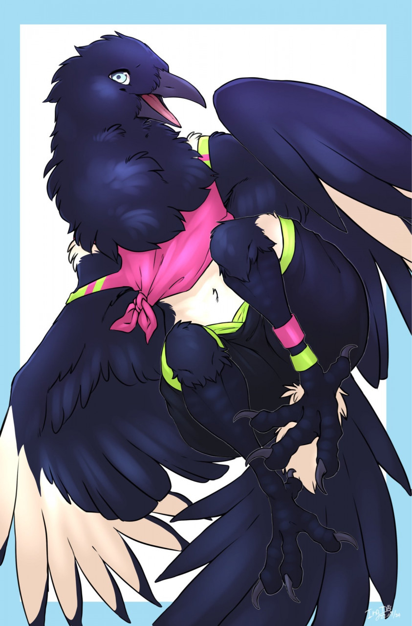 anklet anthro avian_feet beak blue_border border bottomwear clothed clothing feathered_wings feathers female flat_chested jewelry kemono midriff navel shirt shorts simple_background solo tank_top topwear winged_arms wings ingi avian bird corvid magpie_(corvid) oscine passerine 2022 dated hi_res signature