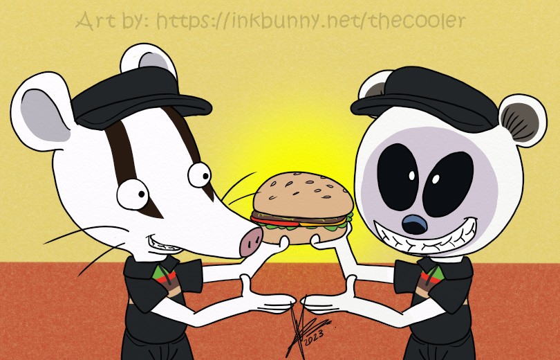 anthro black_eyes burger clothing creepy_smile duo eye_contact fast_food food fur glowing hat headgear headwear looking_at_another male male/male pupils shirt smile t-shirt tailless toony topwear uniform whiskers white_body white_fur white_pupils thecooler burger_king the_minimighty_kids american_opossum bear giant_panda mammal marsupial virginia_opossum digital_media_(artwork)