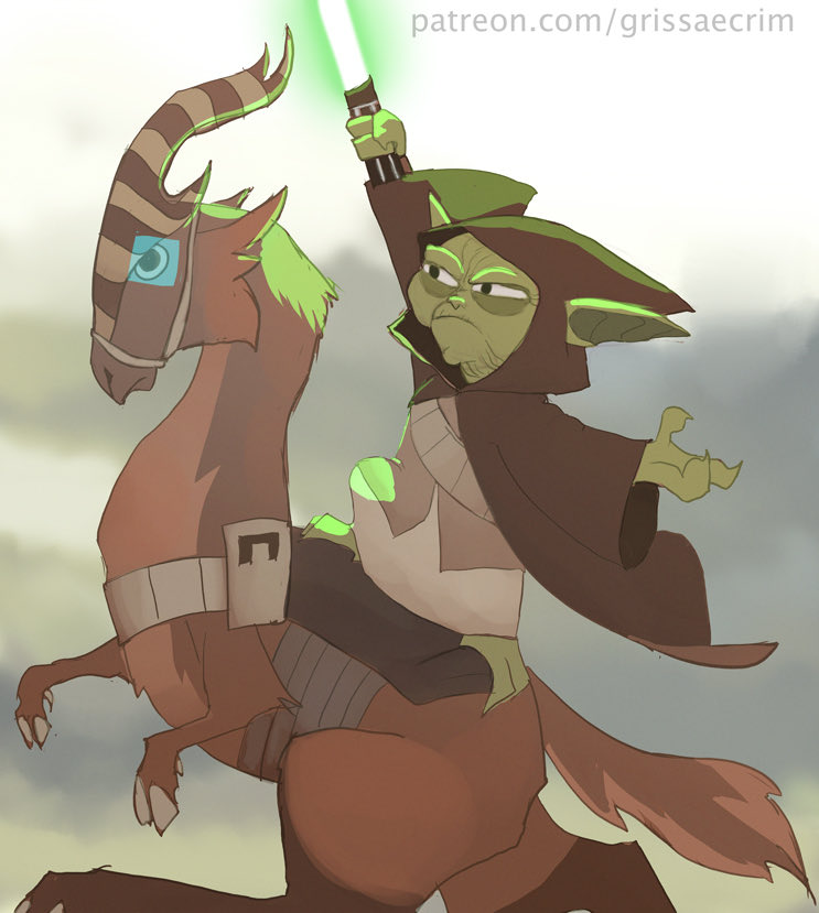 ambiguous_gender brown_body brown_fur clothing duo feral fur green_body green_lightsaber green_skin hood horn humanoid_pointy_ears lightsaber male melee_weapon pointy_ears robe saddle weapon raikoh-illust clone_wars star_wars yoda humanoid kybuck mammal yoda's_species 2023