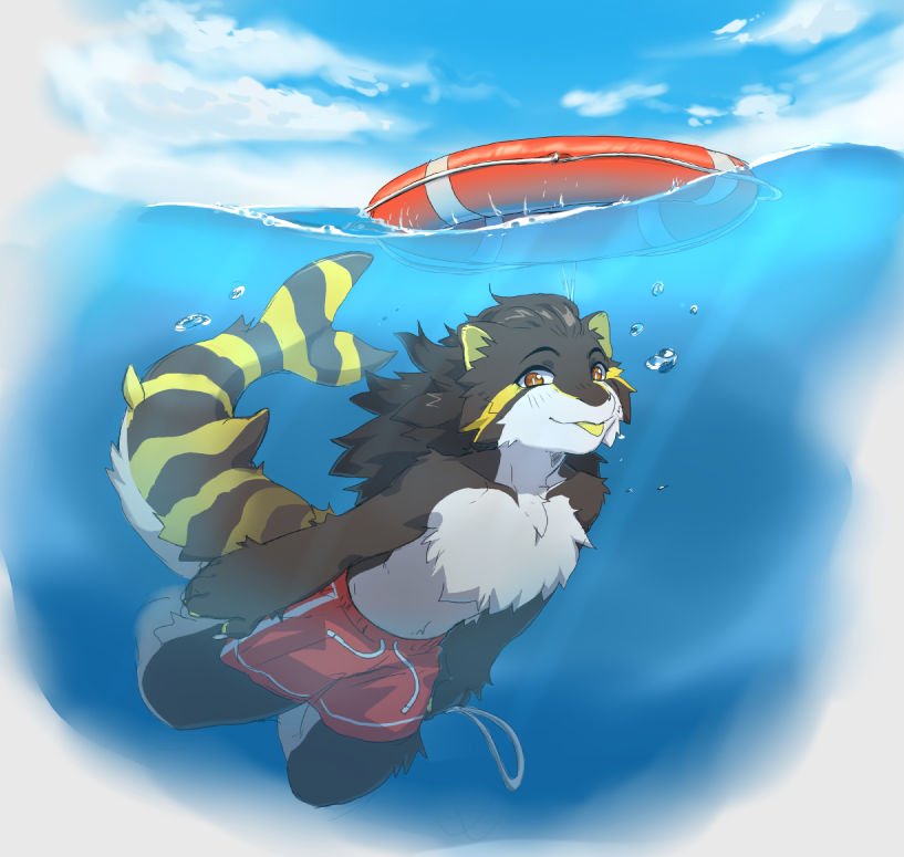 air_bubble anthro arms_by_side bent_legs brown_body brown_fur brown_hair calves_up chest_tuft clothing clothing_cord cloud detailed_background drawstring drawstring_swimwear fin fully_submerged fur hair life_ring long_hair looking_at_viewer male markings multicolored_body multicolored_fur orange_eyes pawpads pupils raised_calf red_clothing red_swimming_trunks red_swimwear solo straight_arms striped_markings striped_tail stripes swim_ring swimming swimming_trunks swimwear tail tail_markings tongue tongue_out tuft water waterline_view white_body white_fur white_pupils yellow_body yellow_fur yellow_pawpads yellow_tongue kasusei maremare vyz domestic_cat felid feline felis fish furred_marine furred_shark hybrid lemon_shark mammal marine pallas's_cat requiem_shark shark 2021 digital_drawing_(artwork) digital_media_(artwork)