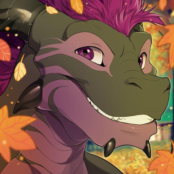 anthro autumn black_body black_horn black_scales detailed_background front_view grey_face grin hair horn leaf looking_at_viewer male monotone_hair monotone_horn multicolored_body multicolored_face multicolored_scales purple_body purple_eyes purple_face purple_hair purple_scales scales smile snout solo teeth two_tone_body two_tone_face two_tone_scales dagger_leonelli majime mythology barzillai dragon mythological_creature mythological_scalie scalie 1:1 2016 digital_media_(artwork) headshot_portrait icon portrait