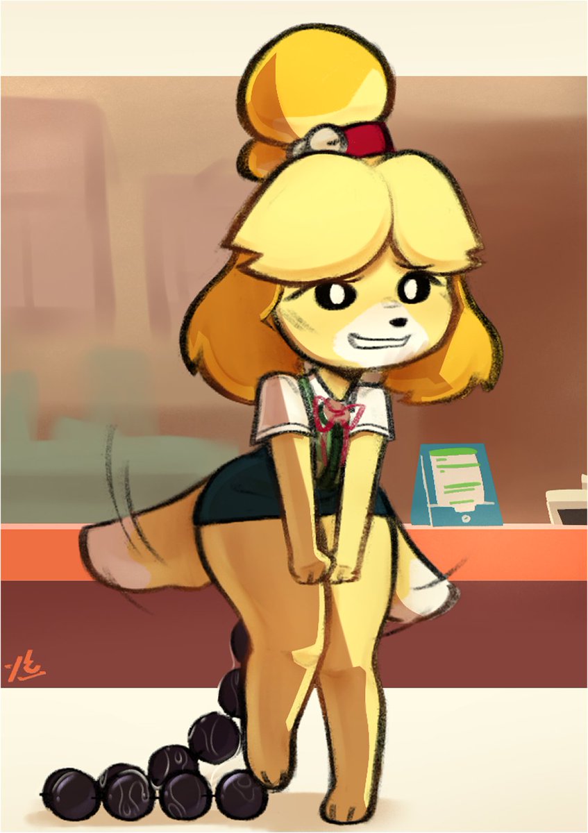 anal anal_beads anal_beads_in_ass anal_penetration anthro awkward_smile clothed clothing female object_in_ass penetration sex_toy sex_toy_in_ass sex_toy_insertion solo tail tail_motion tailwag worried tofuuu animal_crossing nintendo isabelle_(animal_crossing) canid canine canis domestic_dog mammal hi_res