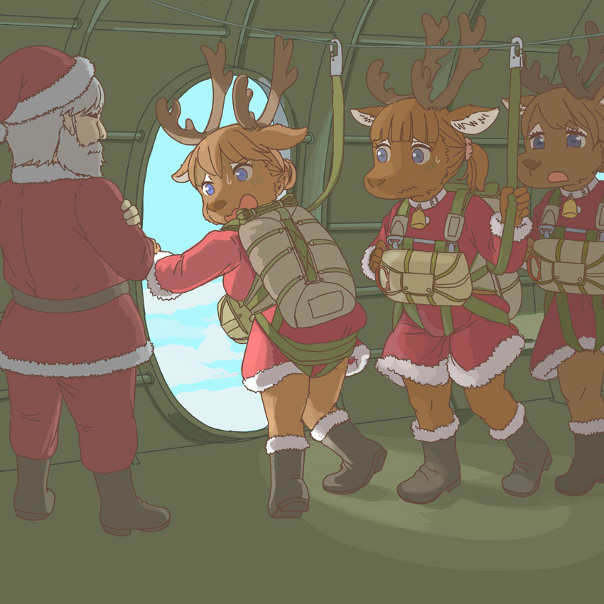 aircraft anthro antlers clothed clothing female group helicopter holidays horn kemono male parachute vehicle ekaki510 christmas santa_claus deer human mammal new_world_deer reindeer 1:1 2022