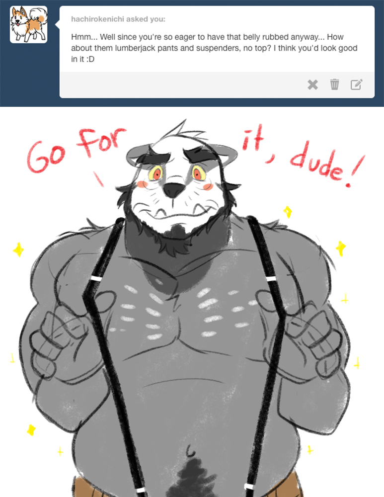 anthro beard belly_hair blush body_hair facial_hair looking_at_viewer male muscular muscular_anthro muscular_male smile solo stomach_hair suspenders text user_avatar arcarc tumblr marcus_(arcarc) badger mammal mustelid musteline english_text