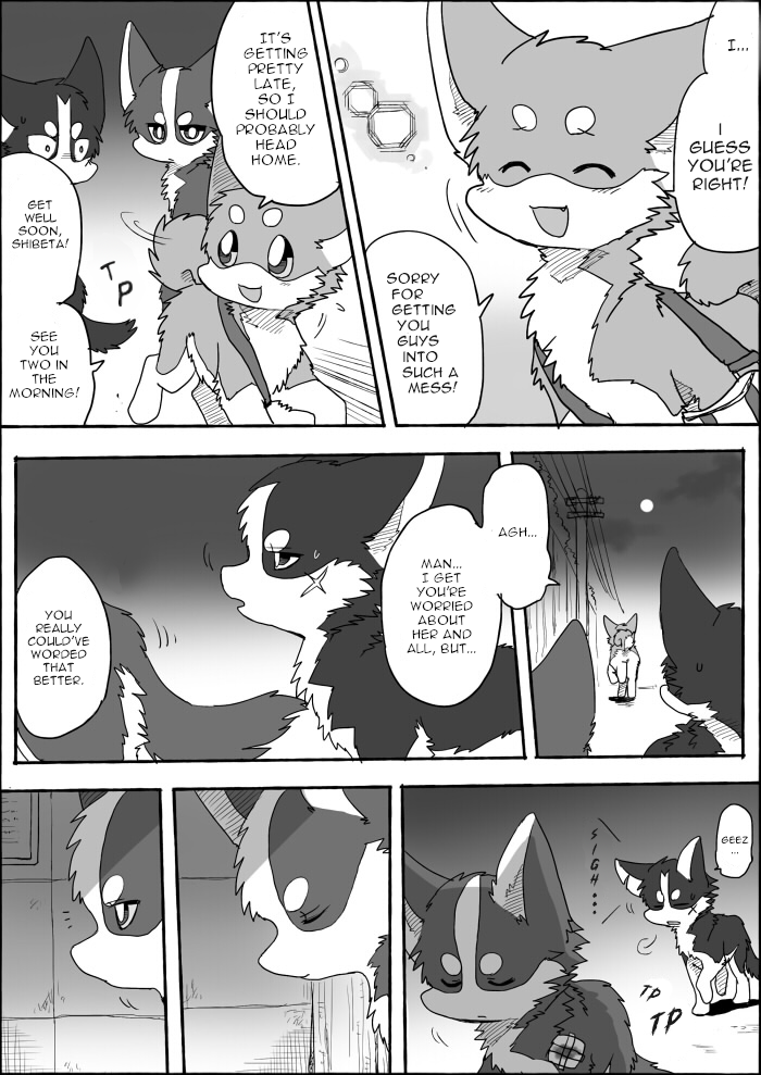 bandage bandaged_leg dialogue electrical_pole facial_scar feral moon scar text ayaka a-chan kyappy shibeta canid canine canis domestic_dog husky mammal nordic_sled_dog shiba_inu spitz comic english_text monochrome translated