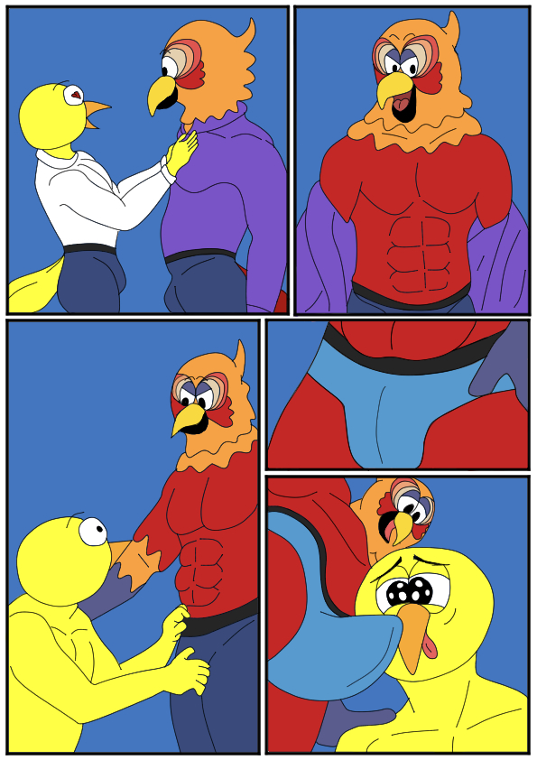 border clothing erection feathered_wings feathers male male/male muscular red_body suit underwear undressing white_border wings yellow_body ciel-wolf nickelodeon the_casagrandes the_loud_house sergio_(the_casagrandes) walt_loud avian bird parrot