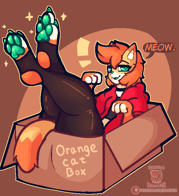 3_toes anthro biped box cardboard cardboard_box claws clothed clothing container crossdressing feet femboy fingers fur green_eyes green_pawpads hair hoodie looking_at_viewer male orange_body orange_fur orange_hair pawpads paws simple_background solo sparkles stuck text toes topwear nagifur nagi_(nagifur) domestic_cat felid feline felis mammal digital_media_(artwork) english_text pixel_(artwork)