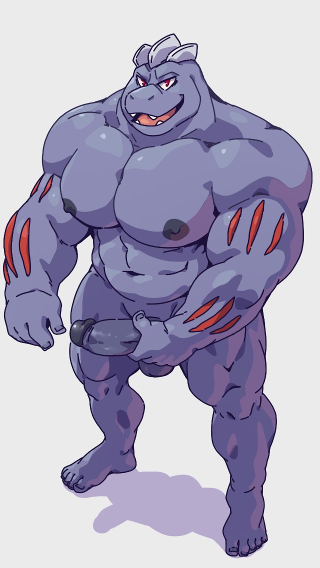 anthro balls fangs genitals grey_body grey_skin holding_penis looking_at_viewer looking_up male muscular muscular_male nipples penis red_body red_eyes red_skin shadow simple_background smile solo standing teeth taoren nintendo pokemon generation_1_pokemon machoke pokemon_(species)