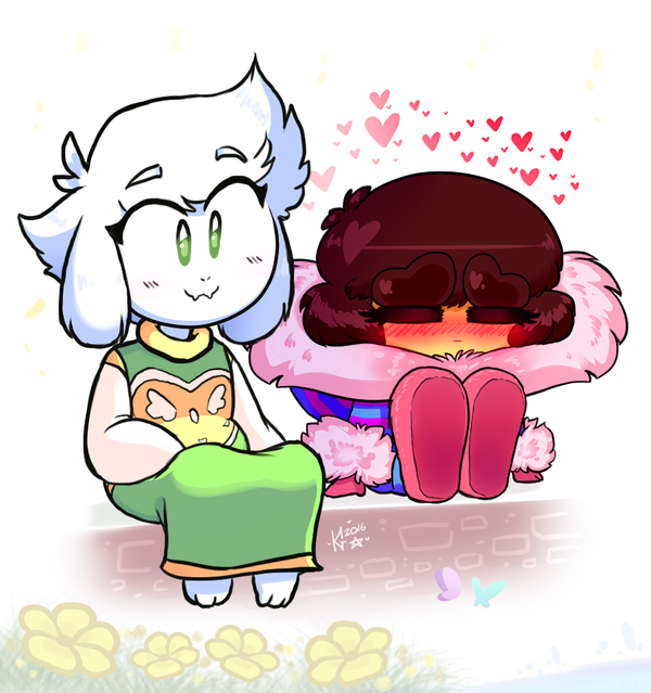 alternate_universe anthro barefoot blush clothing dress duo feet fluffy fur male robe simple_background white_background white_body white_fur young katelynntheg undertale undertale_(series) asriel_dreemurr frisk_(undertale) boss_monster_(undertale) bovid caprine goat human mammal 2016