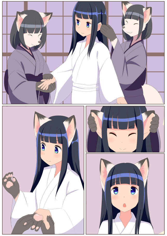 anthro asian_clothing big_ears black_hair blue_eyes border clothing east_asian_clothing eyes_closed female fox_ear group growth hair japanese_clothing kimono pawpads smile solo_focus surprise transformation white_border roina canid canine fox human mammal 2019 comic