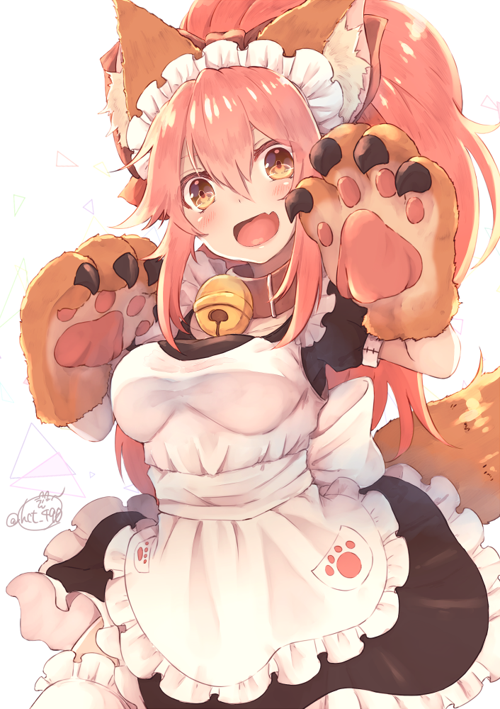 apron bell bell_collar blush breasts clothing collar female gloves hair handwear inner_ear_fluff jingle_bell looking_at_viewer maid_uniform paw_gloves pink_hair simple_background smile solo tuft uniform white_background chita_(ketchup) fate_(series) type-moon berserker_tamamo_cat caster_tamamo-no-mae animal_humanoid cat_humanoid felid felid_humanoid feline feline_humanoid humanoid mammal mammal_humanoid 2017