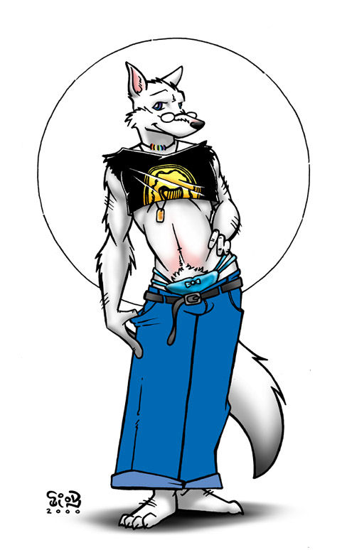 anthro bottomwear clothing denim denim_bottomwear denim_clothing eyewear fur glasses jeans jewelry looking_at_viewer male necklace pants smile solo tail thong thong_straps underwear white_body white_fur chris_goodwin canid canine canis mammal wolf 2000