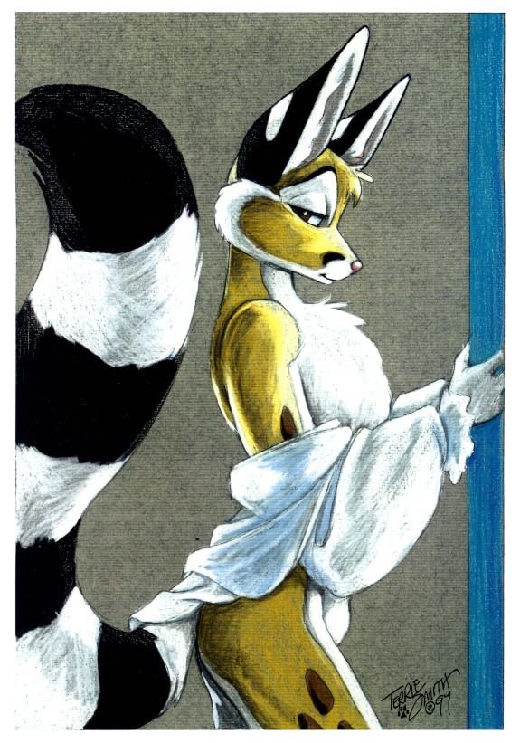 anthro blouse bulge butt clothing fluffy fluffy_tail fur looking_back male markings ring_(marking) ringed_tail solo striped_markings striped_tail stripes tail tail_markings topwear undressing terrie_smith chester_ringtail_magreer bassariscus cacomistle mammal procyonid 1997 signature traditional_media_(artwork)