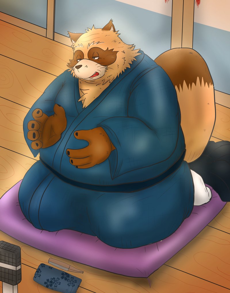 anthro asian_clothing belly big_belly brown_body brown_fur clothing detailed_background east_asian_clothing fur humanoid_hands japanese_clothing kemono male overweight overweight_male solo mametanu_tanuki canid canine mammal raccoon_dog tanuki 2024