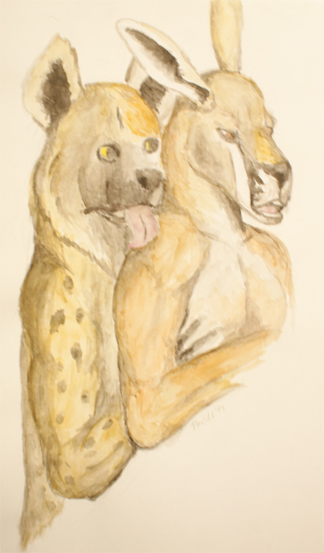 anthro duo female licking male tongue tongue_out foxia hyena kangaroo macropod mammal marsupial spotted_hyena painting_(artwork) traditional_media_(artwork) traditional_painting_(artwork) traditional_watercolor_(artwork) watercolor_(artwork)