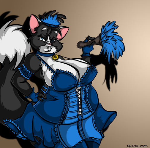 anthro bedroom_eyes bell bell_collar belly big_belly big_breasts black_body black_fur blue_clothing blue_eyes breasts cleaning_tool clothing collar feather_duster female fur maid_headdress maid_uniform multicolored_body multicolored_fur narrowed_eyes overweight overweight_anthro overweight_female seductive solo two_tone_body two_tone_fur uniform white_body white_fur dutch_(artist) misty_the_mouse whitney_(dutch) domestic_cat felid feline felis mammal 2015 digital_media_(artwork)