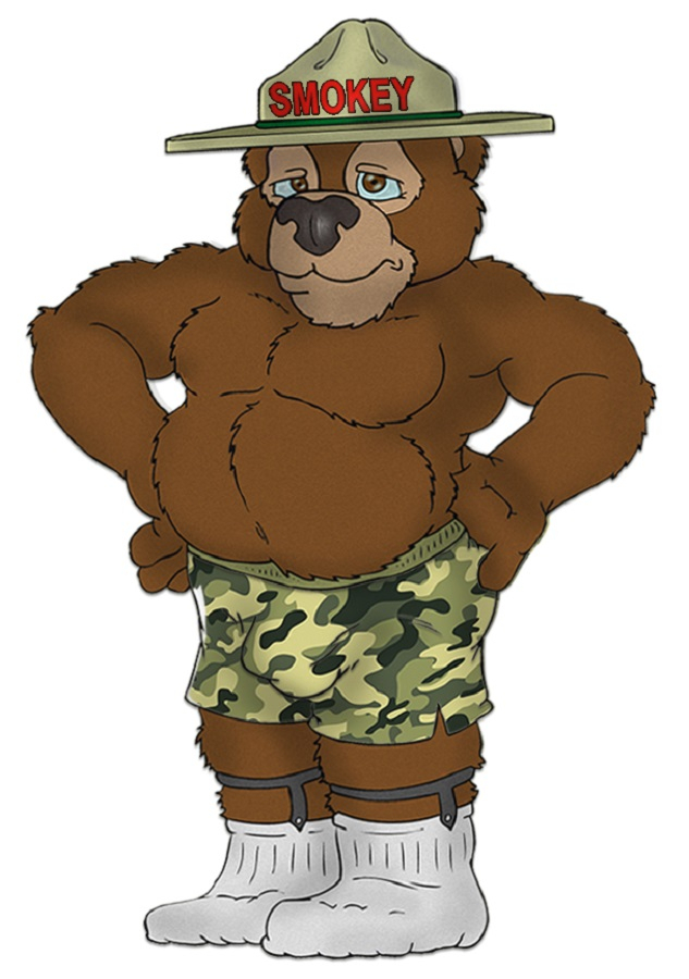 anthro black_boxers black_clothing black_nose black_underwear blue_sclera boxers_(clothing) brown_eyes bulge camo_boxers clothed clothing detailed_bulge footwear garter_belt garter_straps genital_outline green_boxers green_clothing green_underwear grumpy hand_on_side hat headgear headwear male musclegut muscular muscular_male overweight overweight_male pantsless pantsless_anthro pantsless_male penis_outline red_text simple_background socks solo text topless topless_male underwear white_background white_clothing white_footwear white_socks brucebadger united_states_forest_service smokey_bear bear mammal