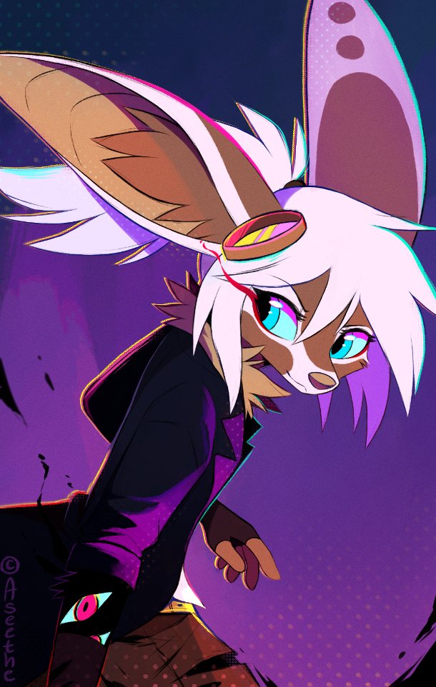 anthro big_ears blue_eyes brown_body brown_fur clothed clothing eyewear fur goggles hair inner_ear_fluff purple_background simple_background solo tuft white_body white_fur white_hair aseethe melody_(aseethe) canid canine fennec_fox fox mammal true_fox 2023 digital_media_(artwork) signature