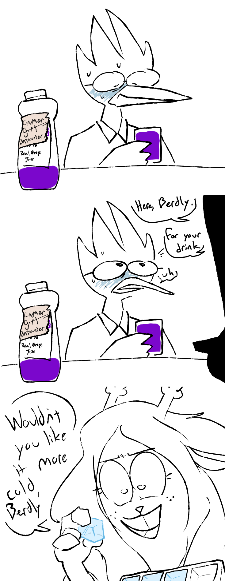 anthro antlers beverage bottle container dialogue duo female grape_juice holding_object horn humor ice ice_cube juice_(beverage) male text the_weaver deltarune undertale_(series) berdly noelle_holiday avian bird deer mammal new_world_deer reindeer 2021 comic digital_drawing_(artwork) digital_media_(artwork) english_text hi_res