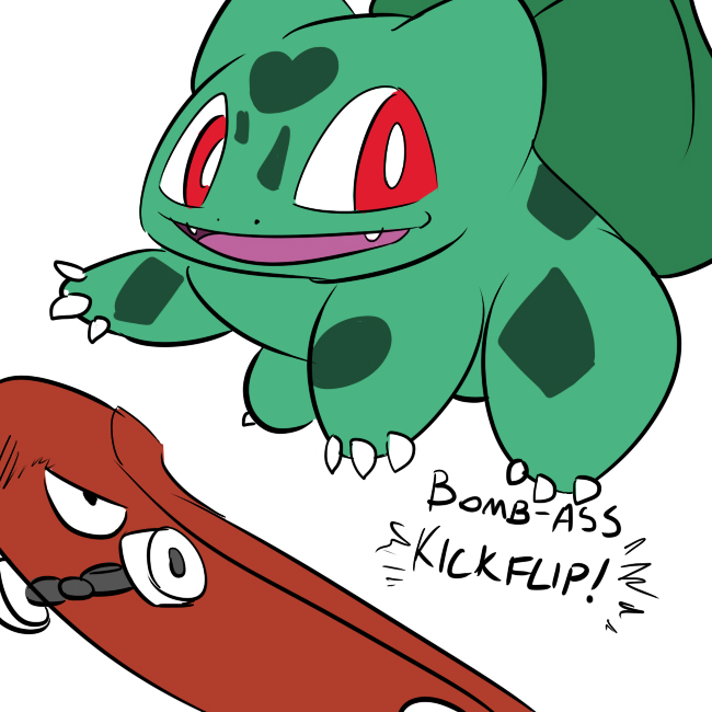 red_eyes simple_background skateboard vehicle white_background saltcore nintendo pokemon bulbasaur generation_1_pokemon metapod pokemon_(species) 1:1 2011