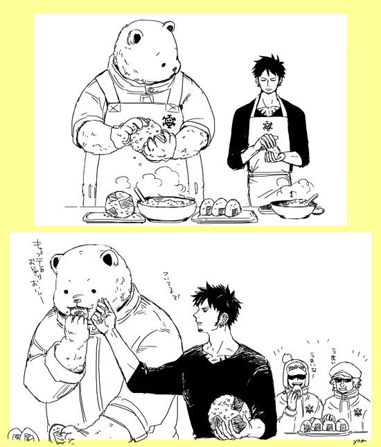 anthro apron biped clothing cooking duo eating food group hat headgear headwear humanoid_hands male onigiri rice shirt slightly_chubby text topwear beeprlae16 one_piece bepo_(one_piece) penguin_(one_piece) shachi_(one_piece) trafalgar_law bear human mammal minkmen_(one_piece) polar_bear ursine 2019 japanese_text