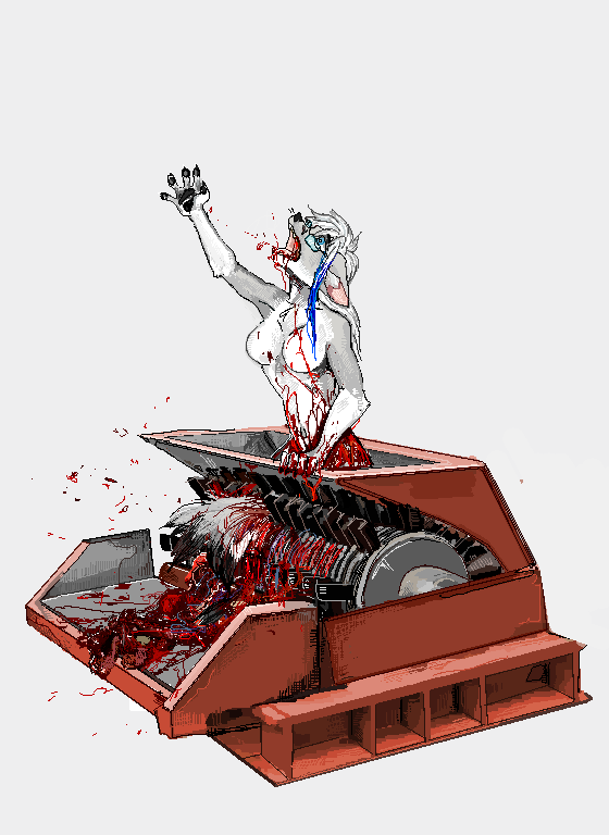 anthro blood blue_eyes bodily_fluids breasts death dying ear_piercing execution exposed_organs eyewear fatal fatal_injury fatal_wound featureless_breasts female fur glasses gore gore_focus grotesque_death guts hair handpaw imminent_death industrial_shredder intestines long_hair machine markings meat_grinder nude organs pain paws piercing reaching_out severe_wound shredder_(machine) simple_background snuff solo striped_markings striped_tail stripes suffering tail tail_markings white_background white_body white_fur white_hair jeffusherb fio_(wipfenfels) arctic_fox canid canine fox mammal true_fox 2022 detailed digital_media_(artwork) half-length_portrait pixel_(artwork) portrait