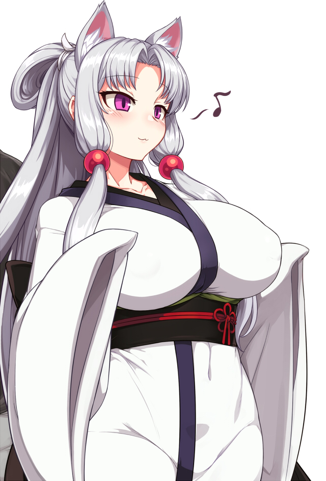 accessory asian_clothing big_breasts blush breasts clothed clothing duo east_asian_clothing female grey_hair hair hair_accessory japanese_clothing kimono long_hair male musical_note musical_symbol nipple_outline purple_eyes robe sash simple_background smile solo_focus symbol white_background null_(nyanpyoun) voiceroid touhoku_itako animal_humanoid canid canid_humanoid canine canine_humanoid fox_humanoid human humanoid mammal mammal_humanoid 2019