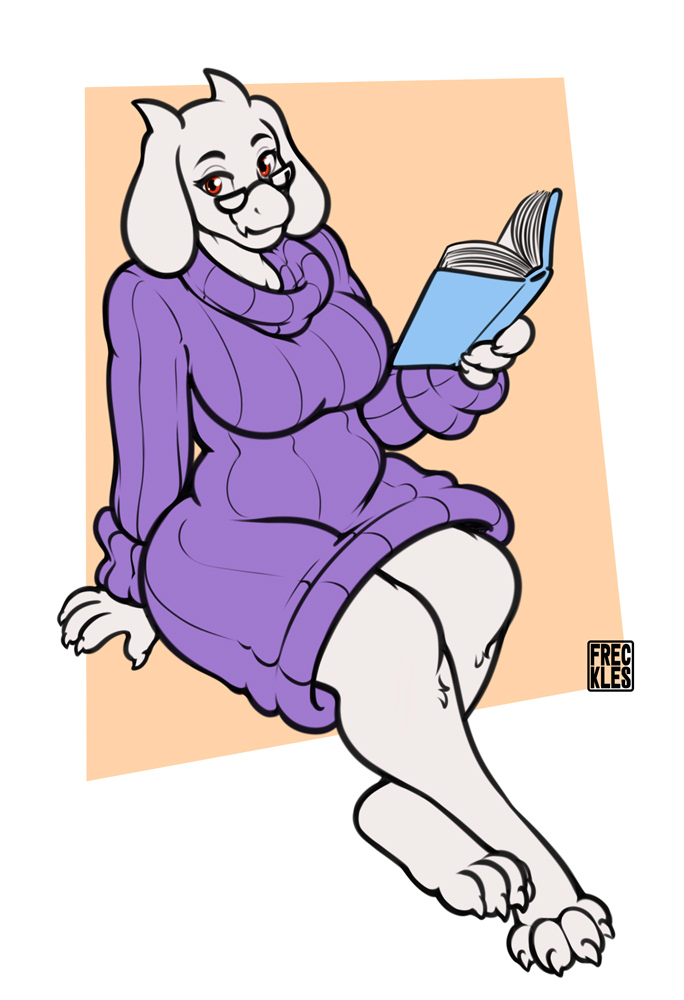 anthro barefoot book breasts claws eyewear feet female fur glasses looking_at_viewer red_eyes smile solo sweater_dress toe_claws white_body white_fur freckles_(artist) undertale_(series) toriel boss_monster_(undertale) bovid caprine goat mammal 2024