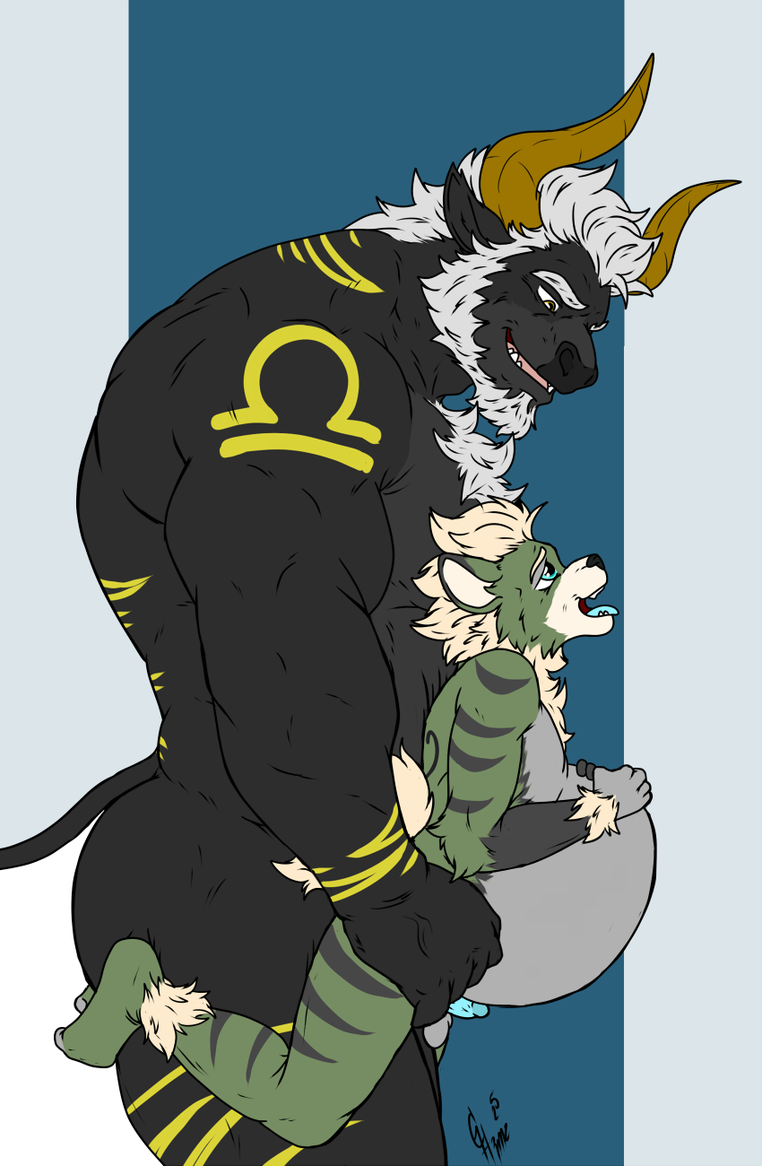 abdominal_bulge anthro astrological_symbol duo elderly horn libra_(symbol) looking_pleasured male male/male muscular painting smile symbol western_zodiac_symbol young hunterramirez nintendo pokemon constantine_(hunterramirez) bovid bovine canid canine cattle generation_1_pokemon growlithe mammal pokemon_(species) hi_res