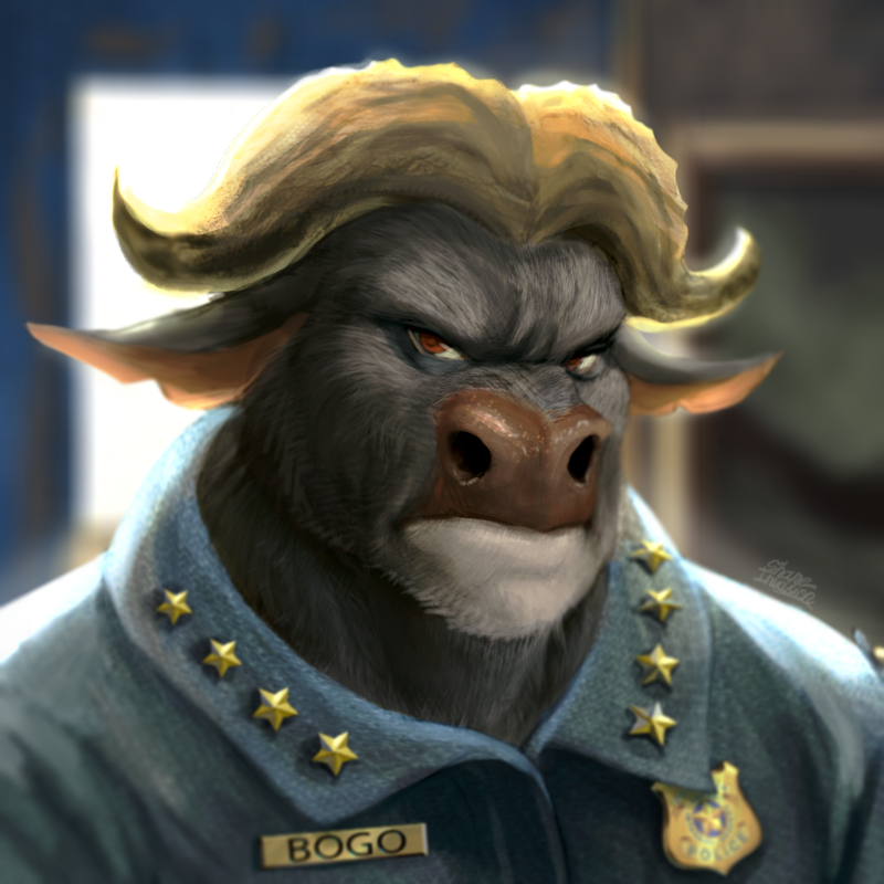 annoyed anthro antlers badge brown_eyes bumps clothing fur horn looking_at_viewer male name_tag notched_ear police shirt solo star stare text topwear uniform shaneinvasion disney zootopia chief_bogo bovid bovine cape_buffalo mammal 1:1 bust_portrait portrait