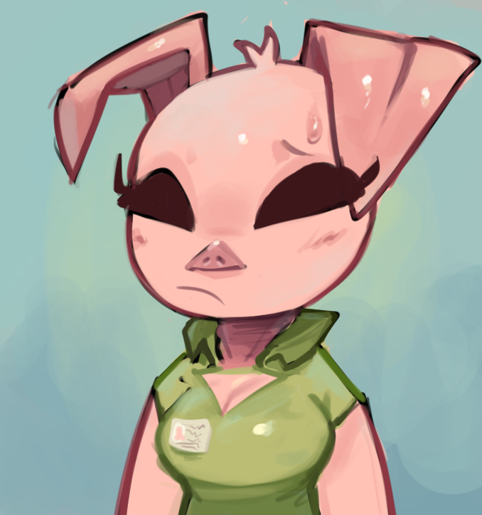 anthro black_eyes bodily_fluids breasts cleavage cleavage_cutout clothed clothing cutout female pink_body pink_skin solo sweat sweatdrop lilmoonie oinky_(lilmoonie) domestic_pig mammal suid suina sus_(pig) 2023