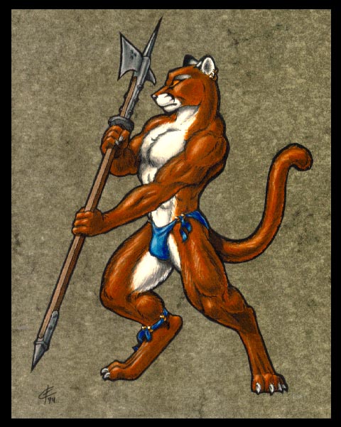 anthro barefoot biped bottomwear brown_body brown_fur claws clothed clothing ear_piercing feet fur halberd loincloth male melee_weapon multicolored_body multicolored_fur piercing polearm solo toe_claws two_tone_body two_tone_fur weapon white_body white_fur iisaw cougar felid feline mammal 1994