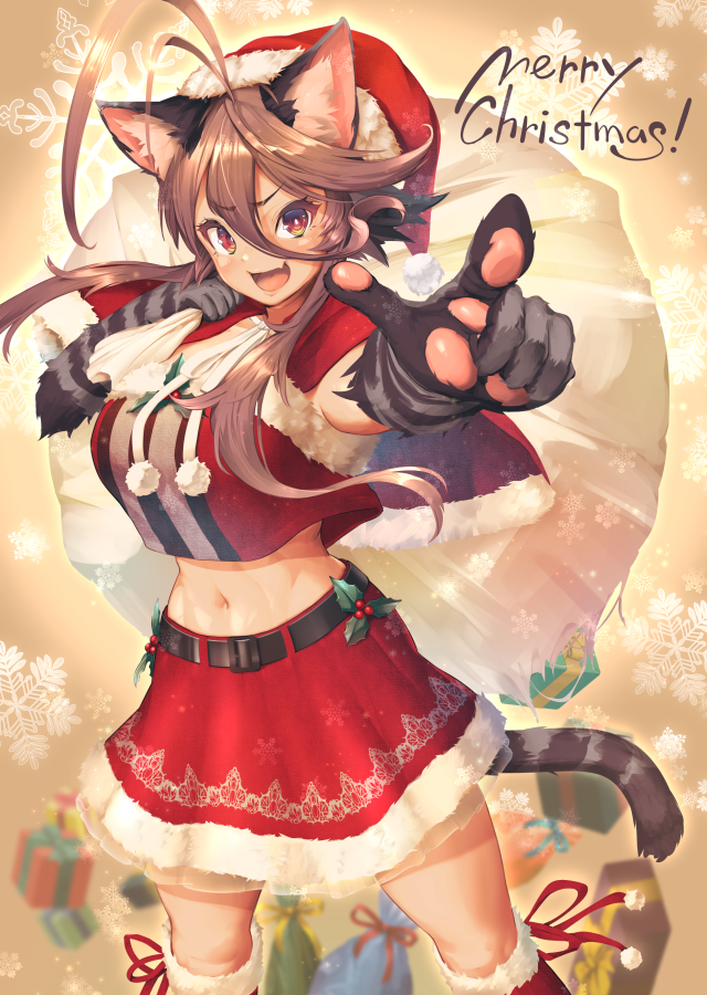 belt breasts brown_hair cute_fangs fangs female hair holidays holly_(plant) looking_at_viewer midriff navel open_mouth pawpads plant smile solo teeth text nekoarashi christmas yagatake_arashi animal_humanoid cat_humanoid felid felid_humanoid feline feline_humanoid humanoid mammal mammal_humanoid 2018 english_text