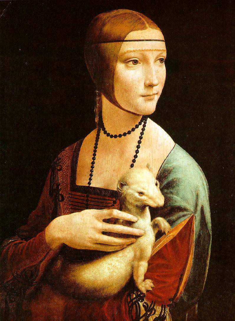 accessory ambiguous_gender black_background brown_eyes brown_hair clothed clothing domestic_pet duo female feral fully_clothed fur hair headband jewelry necklace realistic simple_background whiskers white_body white_fur leonardo_da_vinci_(artist) lady_with_an_ermine human mammal mustelid musteline stoat true_musteline weasel 1489 1490 15th_century ancient_art formal_art