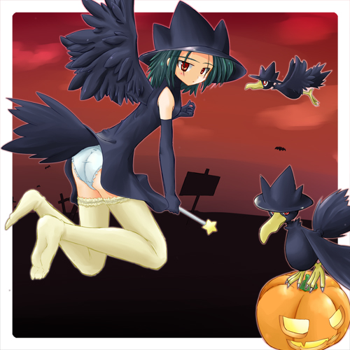 alternate_species beak bottomwear clothed clothing costume dress duo feathered_wings feathers female feral food frilly frilly_clothing frilly_panties frilly_underwear fruit green_eyes hat headgear headwear humanoidized inconvenient_tail jack-o'-lantern magic_user panties plant pokemon_costume pokemorph pumpkin raised_bottomwear raised_clothing raised_skirt red_eyes skirt tail tail_under_skirt tail_upskirt underwear upskirt white_clothing white_panties white_underwear wings witch witch_hat ranphafranboise nintendo pokemon animal_humanoid avian avian_humanoid bird corvid generation_2_pokemon humanoid murkrow oscine passerine pokemon_(species) pokemon_humanoid winged_humanoid 1:1 low_res