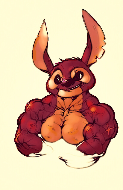 big_muscles black_eyes fur grin long_ears male muscular muscular_male notched_ear red_body red_fur scar simple_background smile solo vein yellow_background furry_(artist) disney lilo_and_stitch fan_character stray_(furry) alien experiment_(lilo_and_stitch) 2011