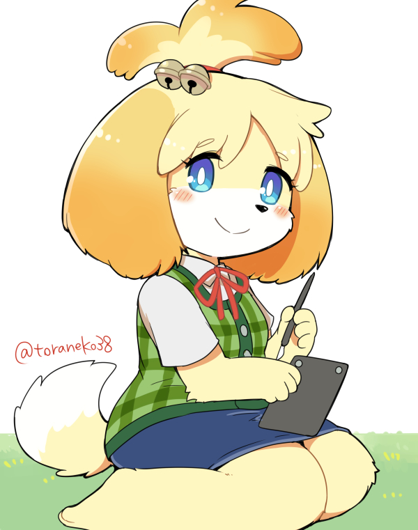 accessory anthro biped black_nose blonde_hair blue_eyes blush bottomwear clothing dress female fur hair hair_accessory long_ears pencil_skirt short_hair sitting skirt smile solo uniform white_body white_fur yellow_body yellow_fur toraneko38 animal_crossing nintendo isabelle_(animal_crossing) canid canine canis domestic_dog mammal shih_tzu toy_dog 2016 signature