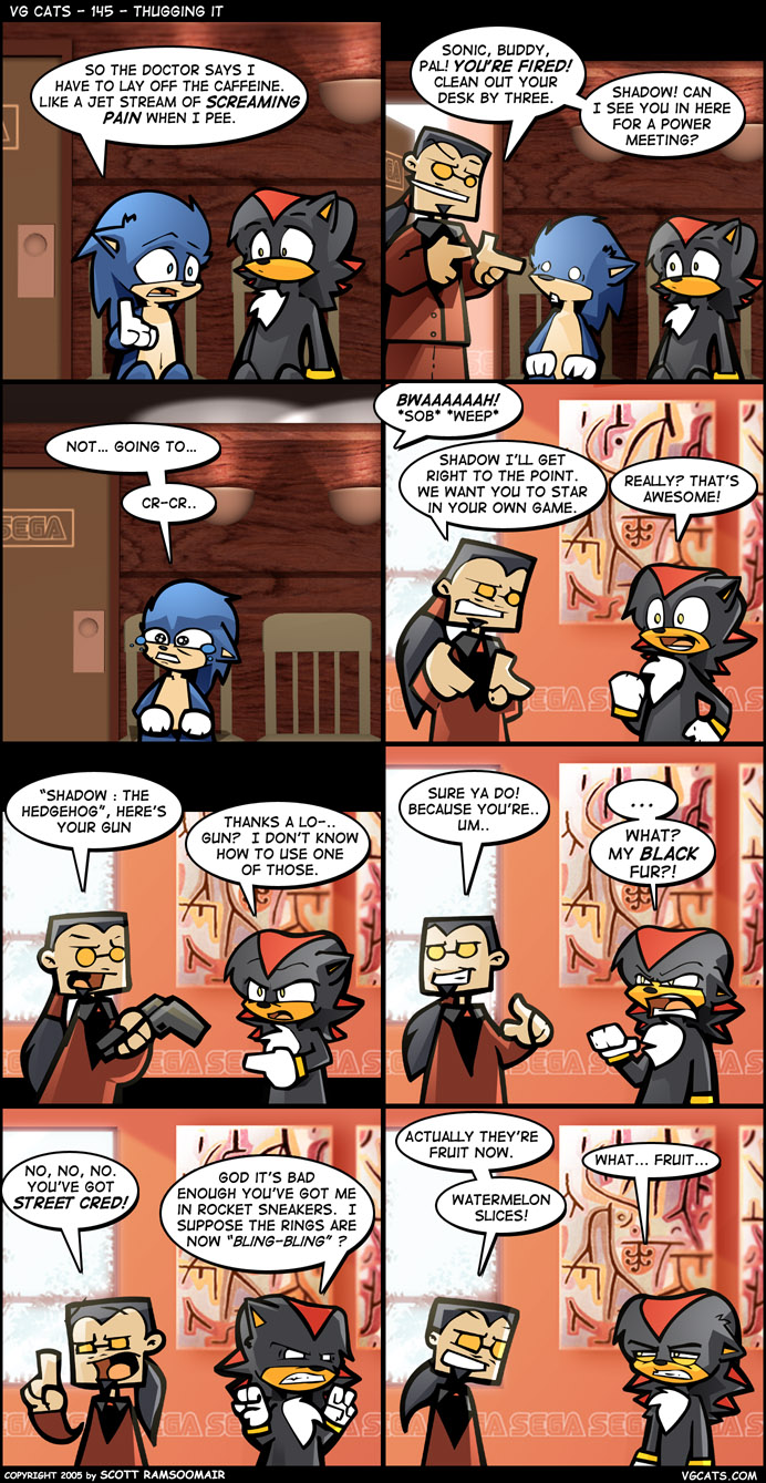 air_quotes anthro black_body black_fur blue_body blue_fur countershading dialogue fur group gun male racism ranged_weapon text weapon scott_ramsoomair sega sonic_the_hedgehog_(series) vg_cats shadow_the_hedgehog sonic_the_hedgehog eulipotyphlan hedgehog mammal comic digital_media_(artwork) english_text hi_res url