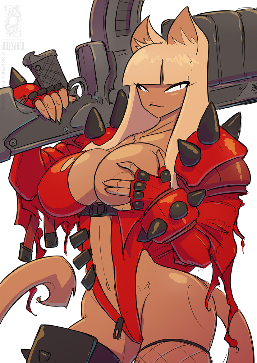 anthro areola areola_slip blonde_hair breast_out breasts clothing epaulet female fishnet_clothing fishnet_legwear fur gloves gun hair handwear legwear looking_at_viewer pupils ranged_weapon rifle simple_background slit_pupils solo spiked_epaulet spiked_gloves spikes tan_body tan_fur weapon white_background zipper conditional_dnp jollyjack animal_humanoid cat_humanoid felid felid_humanoid feline feline_humanoid humanoid mammal mammal_humanoid 2024