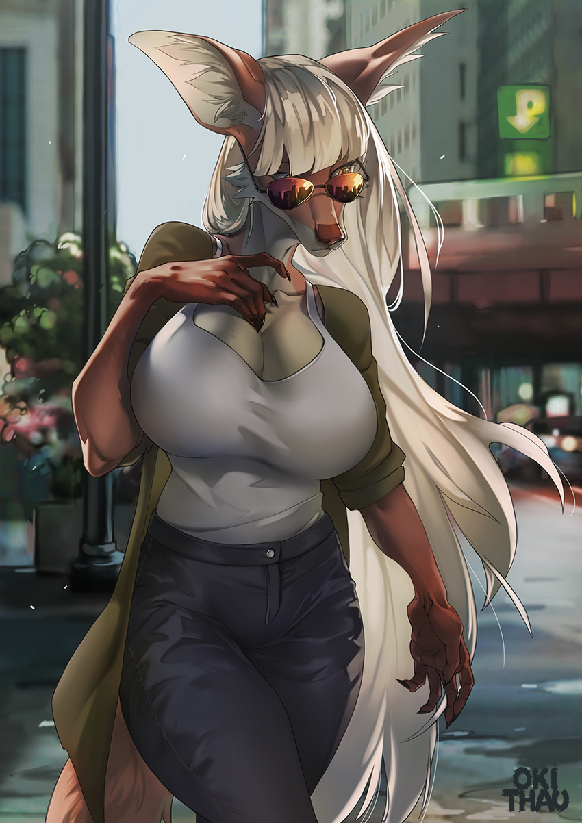 5_fingers amber_eyes anthro big_breasts blonde_hair breasts cleavage clothed clothing detailed_background eyewear female fingers hair shirt solo sunglasses tank_top topwear okithau loyse canid canine fox mammal 2018 digital_media_(artwork) hi_res