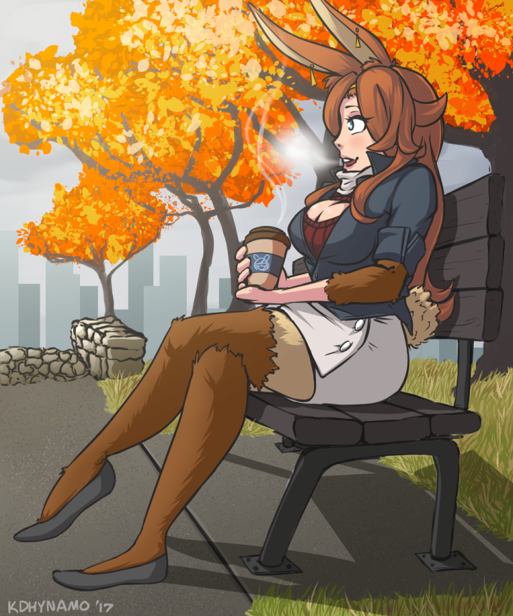 autumn bench beverage bottomwear breasts breath brown_hair cleavage clothed clothing coffee detailed_background ear_piercing female footwear hair outside piercing plant scut_tail shoes short_tail side_view sitting skirt smile solo tail tree kdhynamo gate_(series) delilah_(gate) animal_humanoid humanoid lagomorph lagomorph_humanoid leporid_humanoid mammal mammal_humanoid rabbit_humanoid 2017 5:6