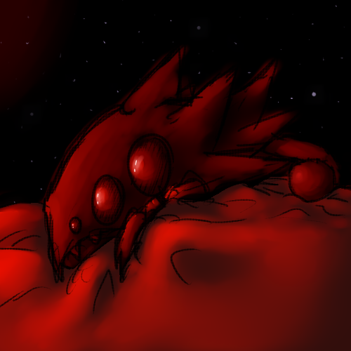 6_eyes ambiguous_gender bald bed darkness duo feral furniture glistening glistening_eyes hug lying mandibles multi_eye on_bed red_lighting sketchy sky spikes star starry_sky badday_(artist) baxxid human mammal 1:1 low_res portrait