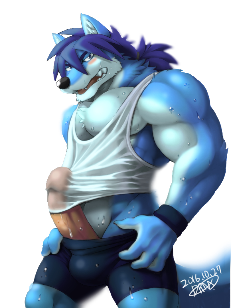 anthro biceps big_penis blue_body blue_fur blush bulge clothing erection fur genitals hair humanoid_genitalia humanoid_penis looking_at_viewer male muscular muscular_anthro muscular_male pecs penis shirt solo tank_top topwear underwear wet wet_clothing wet_shirt wet_topwear drnx canid canine canis mammal wolf 2016 3:4