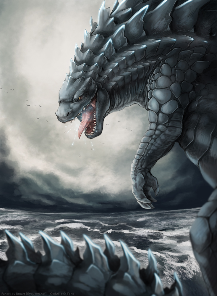 angry bald bodily_fluids claws cloud feral male night open_mouth outside saliva sharp_teeth sky solo spikes standing teeth text tongue tongue_out water rotarr godzilla_(series) monsterverse toho godzilla monster reptile scalie 2014 artist_name grey_theme