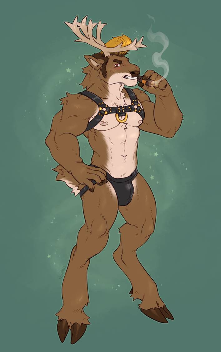 alternative_fashion anthro antlers blonde_hair blush brown_body brown_fur bulge cigar clothed clothing cloven_hooves fur greaser hair hand_on_hip harness hooves horn jockstrap looking_at_viewer male muscular muscular_anthro muscular_male pompadour psychobilly short_tail skimpy smoking solo tail underwear rexjaws deer mammal new_world_deer reindeer