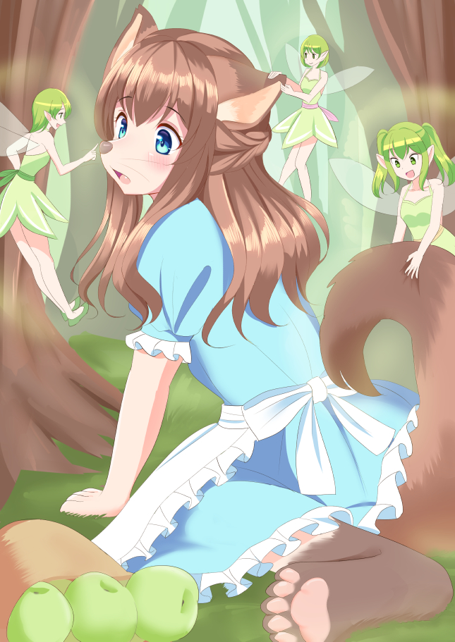 apple blue_eyes blush brown_body brown_fur brown_hair brown_nose clothing dress female flying food footwear fruit fur grass green_eyes green_hair group hair humanoid_pointy_ears open_mouth pawpads pigtails plant pointy_ears shoes size_difference smile snout solo_focus species_transformation surprise transformation tree whiskers wings roina canid canine fairy human humanoid mammal winged_humanoid 2019