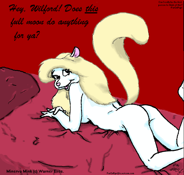 anthro bed biped breasts butt dirty_talk female furniture lying nude on_front pose raised_tail side_boob solo tail toony vintage furonpaper animaniacs warner_brothers minerva_mink mammal mink mustelid musteline true_musteline 1994 pinup